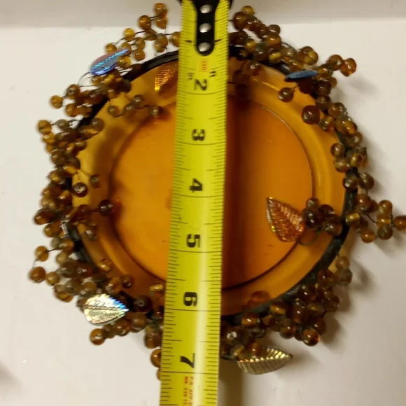 Vintage Glass Candy Dish Amber Metal Rim Wired Glass Beads Irridescent Leaves
